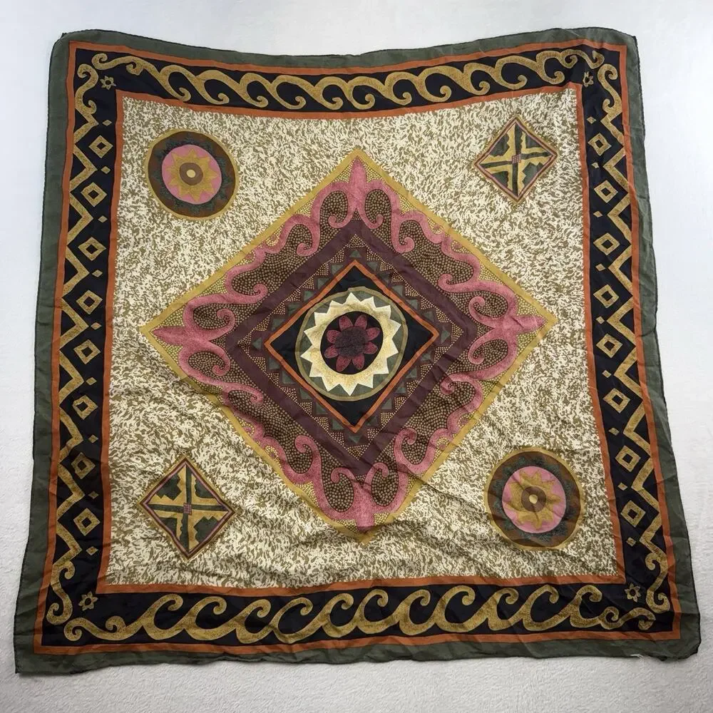 VTG‎ Pure Silk Scarf Paisley Hand Rolled Edge 32.5” Boho Indie Mandala Funky
